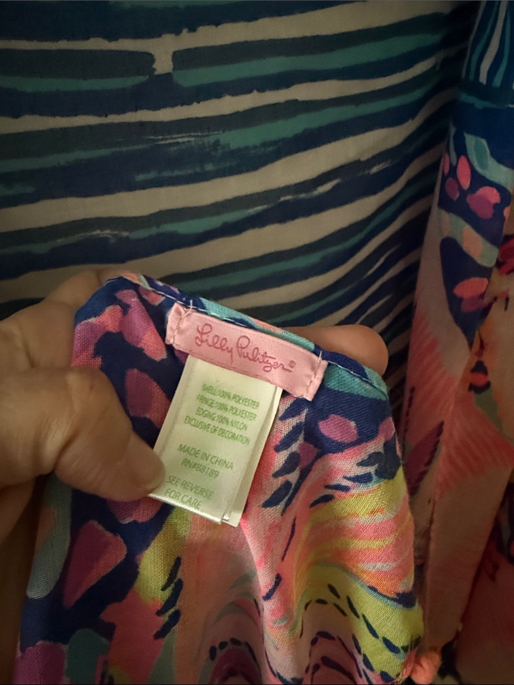 Lilly Pulitzer Blue and Pink Striped & Floral Fringed Wrap Scarf - Picture 3 of 6